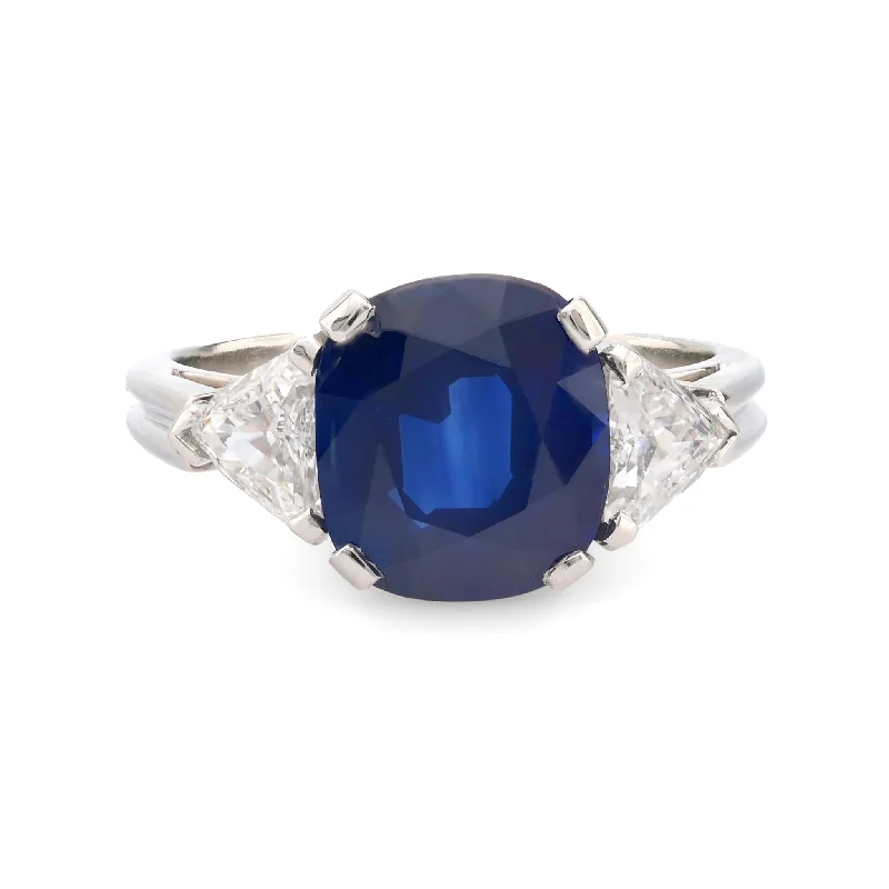 stackable diamond rings -GIA 3.42 carat cushion cut sapphire diamond platinum three stone ring