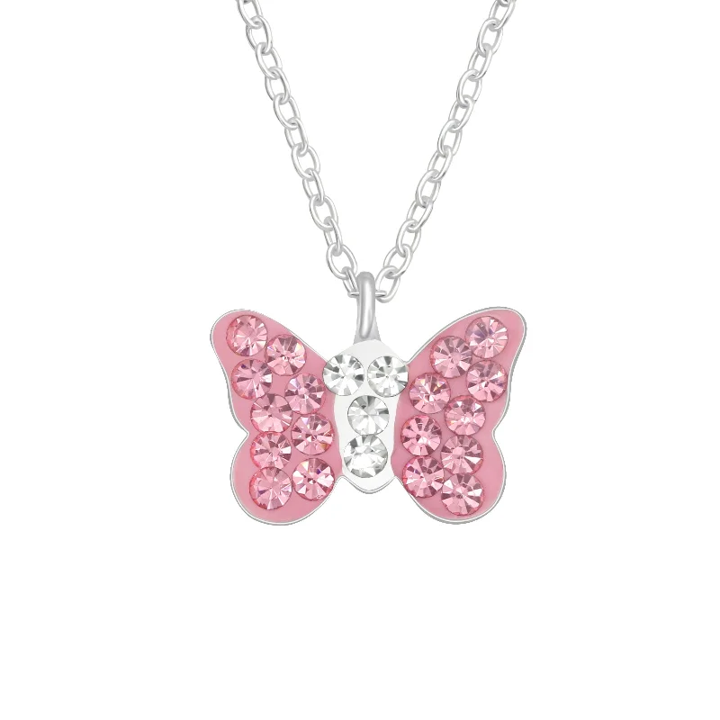 pearl drop necklaces for women -Children’s Sterling Silver Rose and Crystal Butterfly Necklace