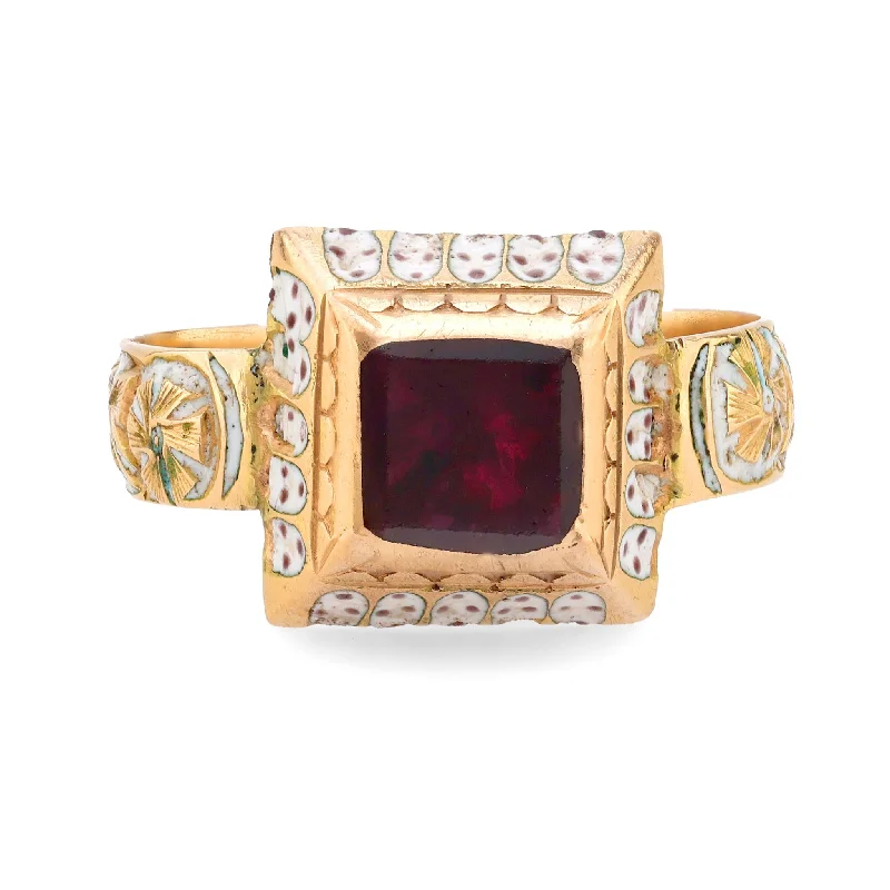 gold promise rings -Renaissance revival garnet 14k yellow gold and white enamel solitaire ring