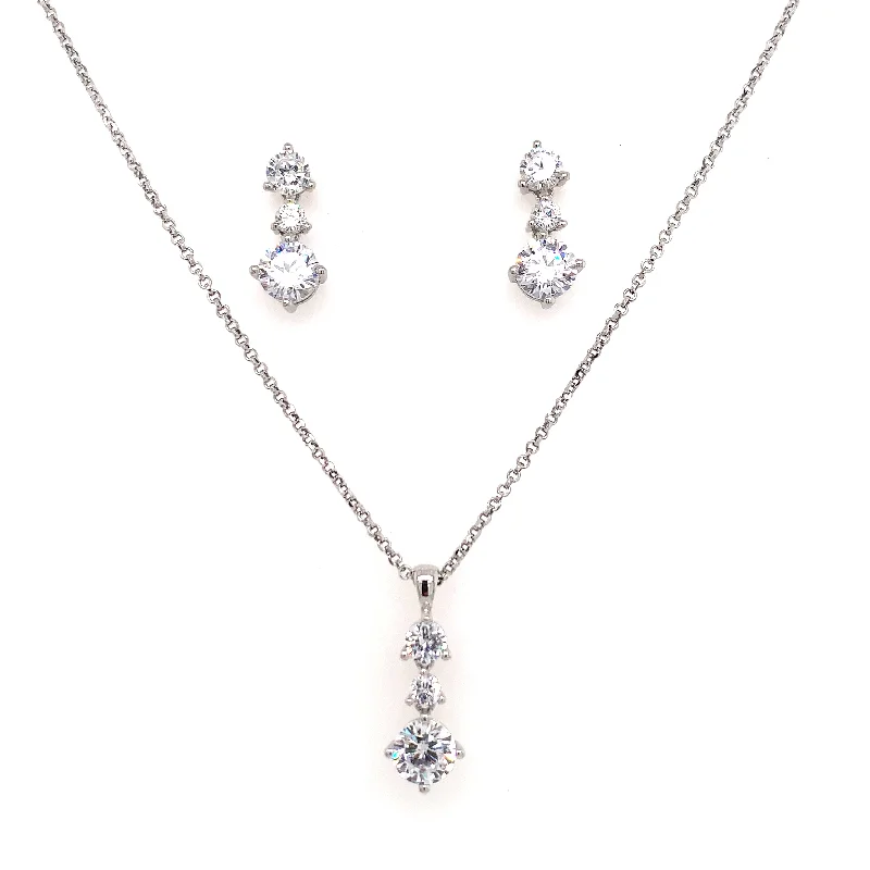 boho necklaces for women -Sterling Silver Three Stone CZ Drop Earrings & Necklace Set