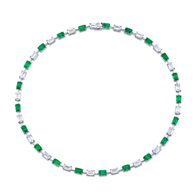 trendy choker necklaces for women -Green Emeralds and Emerald-cut Diamond Necklace