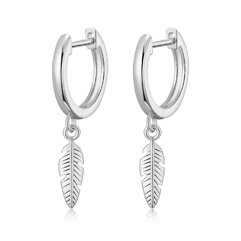 elegant gemstone earrings -Silver Plated Feather Charm Hoop Earrings