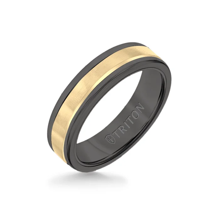 engagement rings for women -6MM Black Tungsten Carbide Ring - Linear 14K Yellow Gold Insert with Round Edge