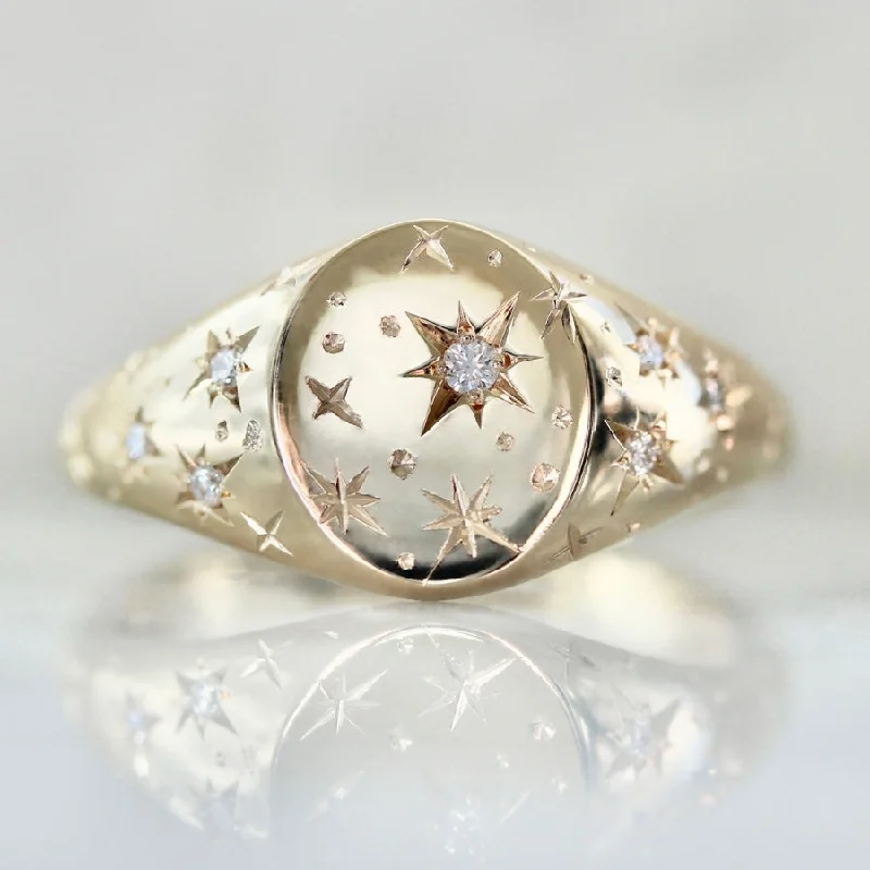 engraved rings for women -Orion Star Engraved Celestial Diamond Signet Ring