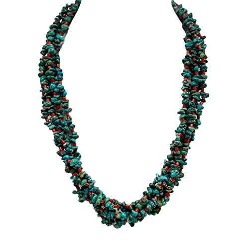 delicate necklaces for women -22 inch, 5 Strand, Genuine Turquoise and Coral Necklace, Authentic Navajo Native American USA Handmade in New Mexico, Sterling Silver