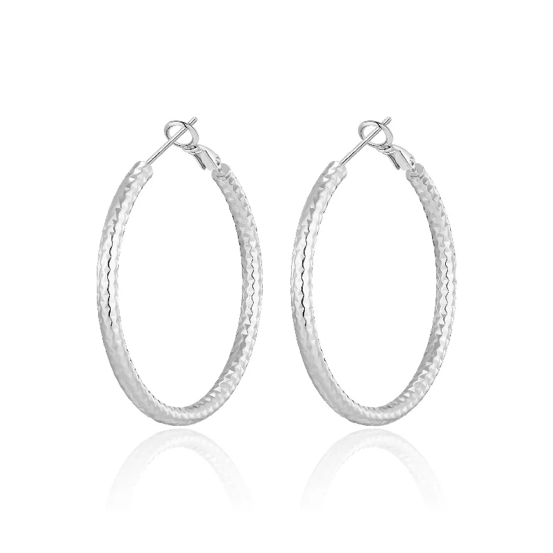 gold hoop earrings for women -Silver Plated 40mm Diamond Cut Hoop Earrings