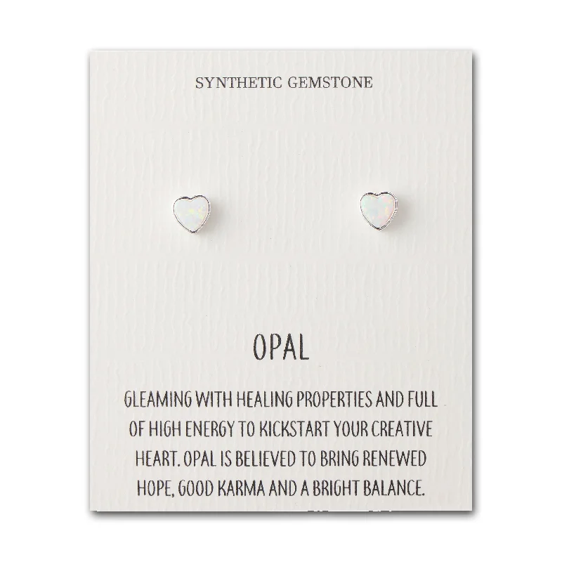 luxury drop earrings for women -Synthetic White Opal Heart Stud Earrings with Quote Card