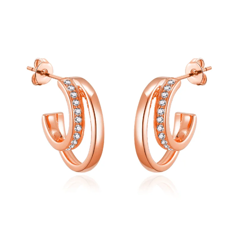 elegant earrings for women -Rose Gold Plated Open Double Hoop Earrings Created With Zircondia® Crystals