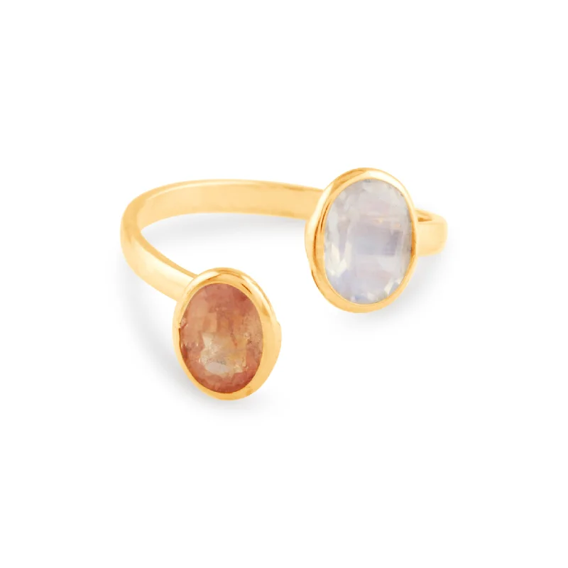 trendy rings for women -Rainbow Moonstone & Orange Sapphire Oval Ring In 18K Yellow Gold