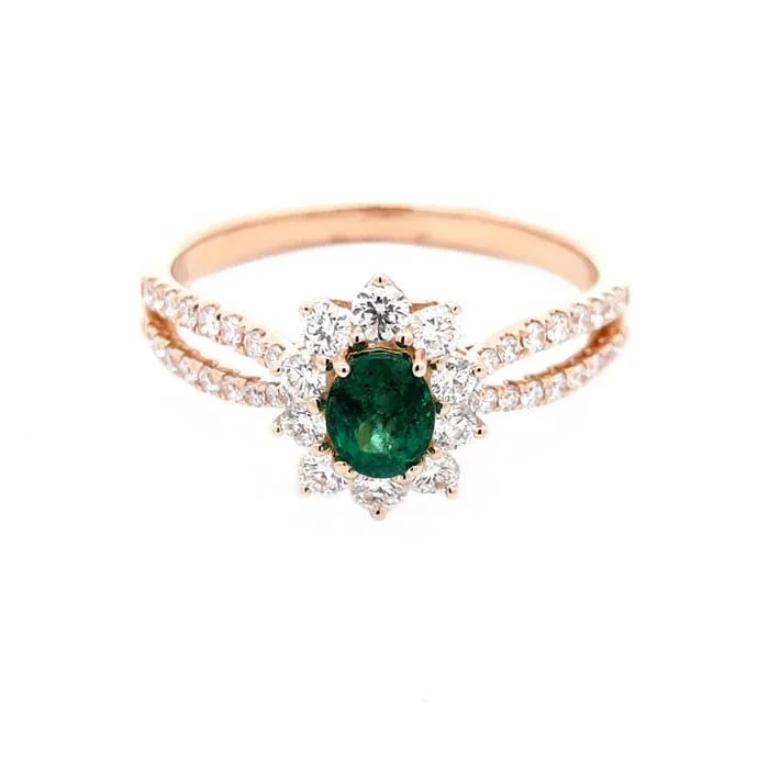 diamond solitaire rings -Mountz Collection Oval Emerald and Diamond Halo Ring in 14K Yellow Gold