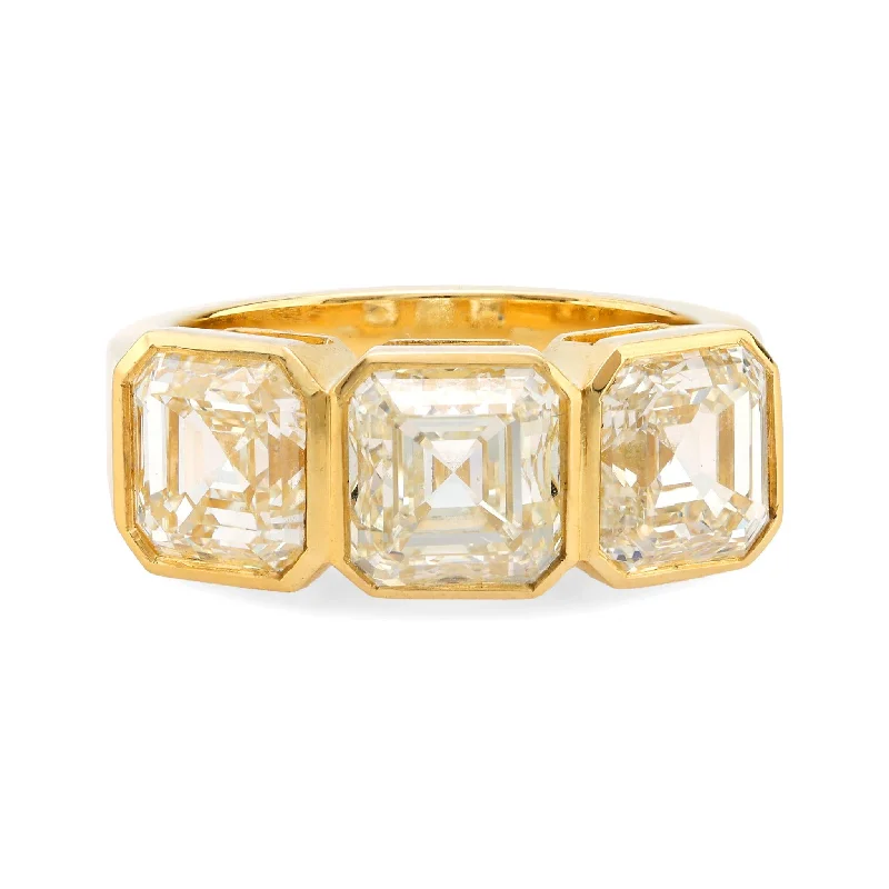 statement diamond rings -GIA 6.02 carat total weight Asscher cut diamond 18k yellow gold three stone ring