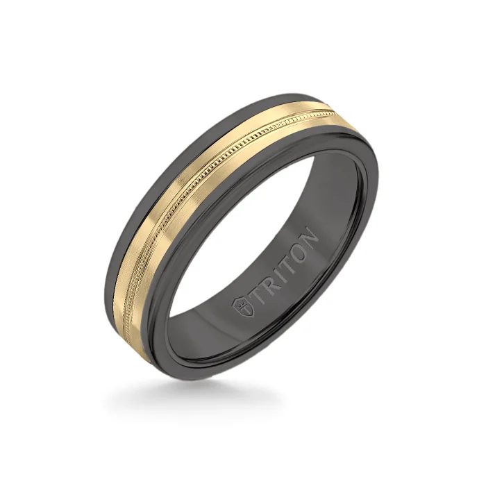 fashion gemstone rings -6MM Black Tungsten Carbide Ring - Center Milgrain 14K Yellow Gold Insert with Round Edge