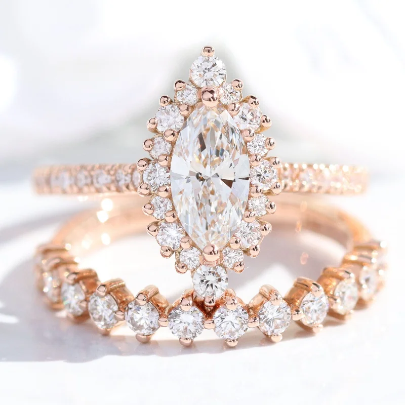 halo engagement rings -Marquise Diamond Halo Pave Ring w/ Lab Diamond and 4 Prong Wedding Band