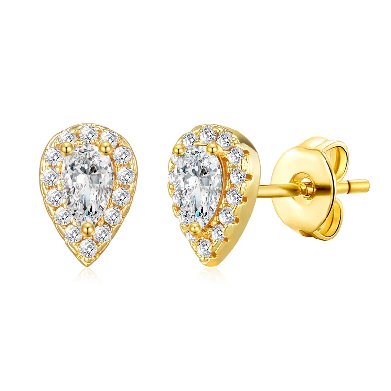 evening drop earrings for women -Gold Plated Pear Halo Earrings Created with Zircondia® Crystals