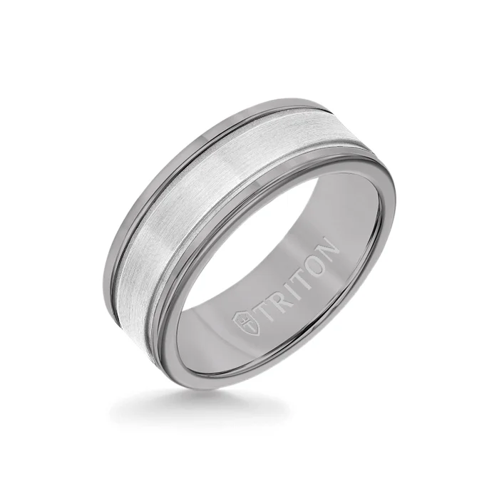 luxury wedding rings -8MM Grey Tungsten Carbide Ring - Step Edge 14K White Gold Insert with Round Edge