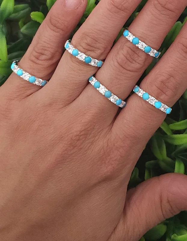 cocktail gemstone rings -Sterling Silver Turquoise & Cz Band Stacker Ring