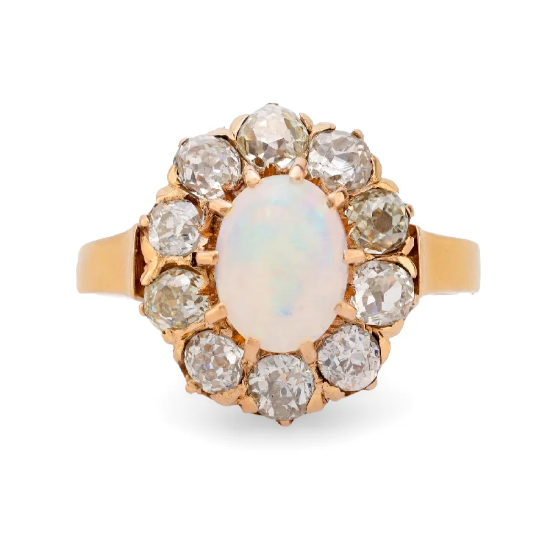 solitaire engagement rings -Victorian opal old mine cut diamond 18k yellow gold cluster ring