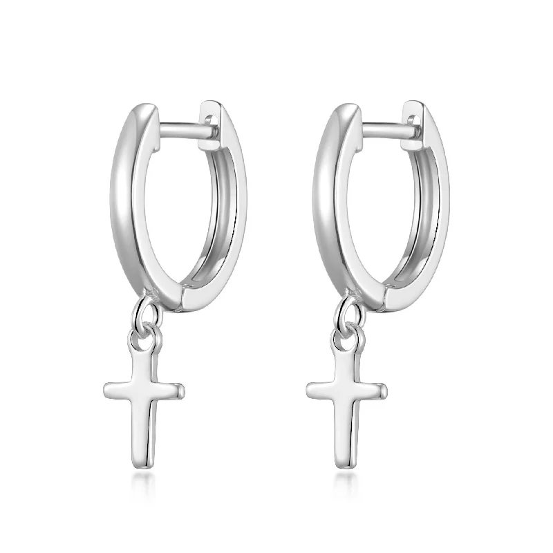 handmade hoop earrings for women -Silver Plated Cross Charm Hoop Earrings