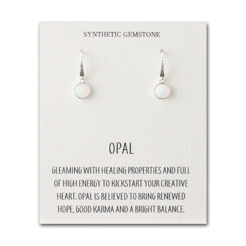 clip-on earrings for women -Synthetic White Opal Drop Earrings with Quote Card