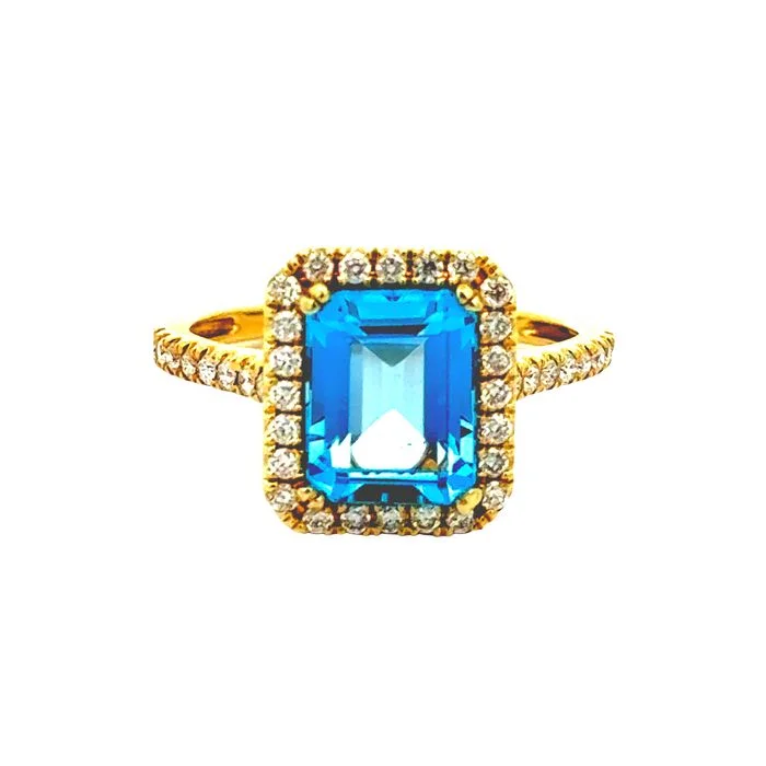 gemstone engagement rings for women -Mountz Collection Blue Topaz Ring with Diamond Halo in 14K Yellow Gold