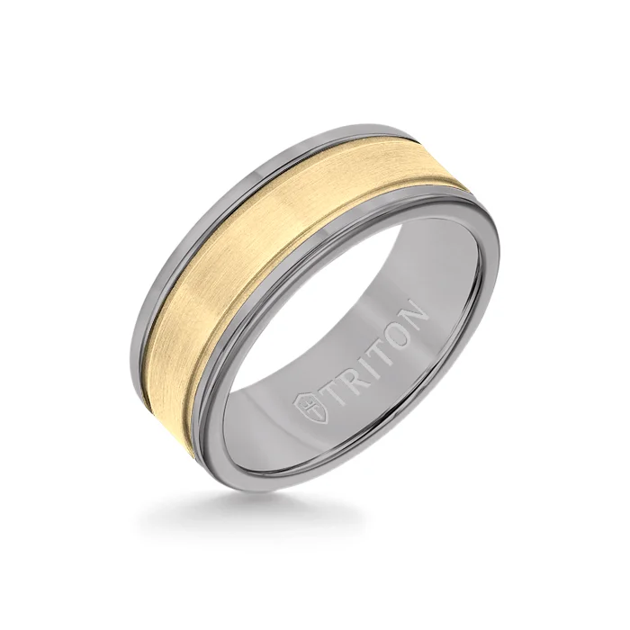 classic wedding rings for women -8MM Grey Tungsten Carbide Ring - Step Edge 14K Yellow Gold Insert with Round Edge