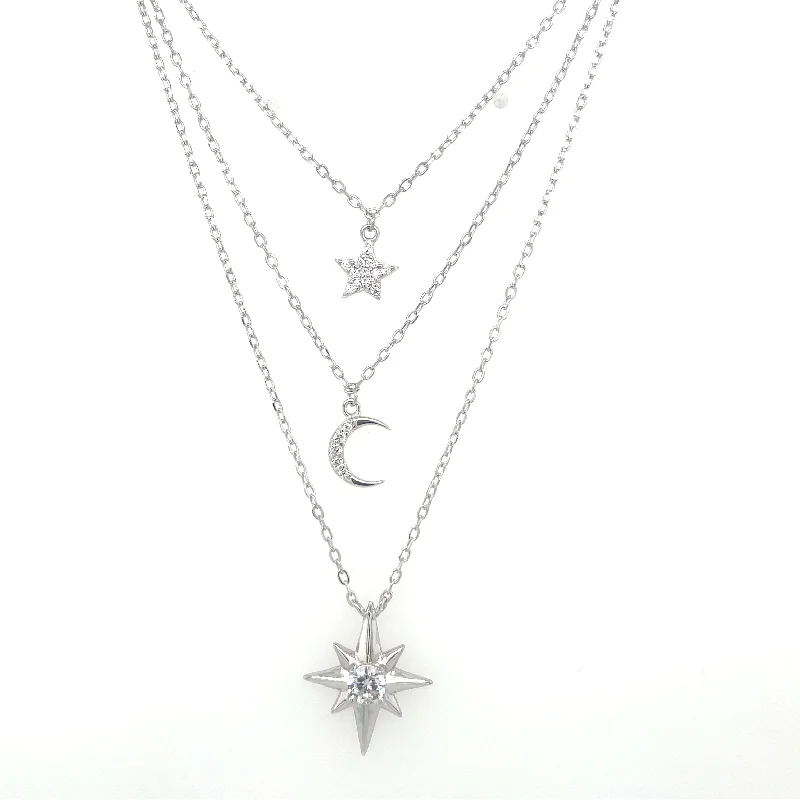 statement gold necklaces for women -Sterling Silver Triple Layered Stars & Moon Necklace