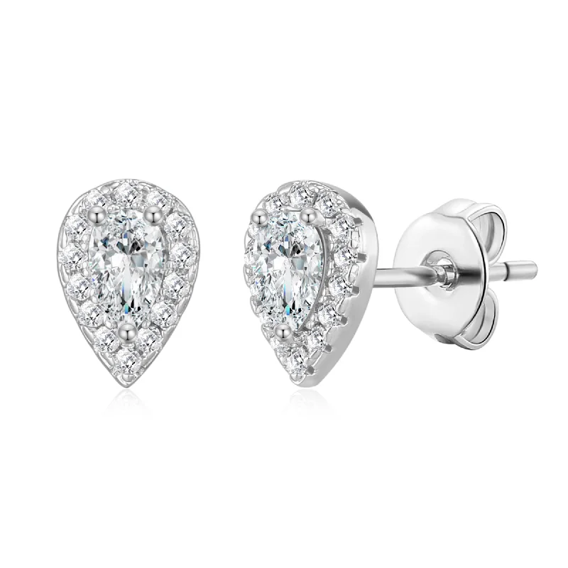 classic pearl earrings for women -Silver Plated Pear Halo Earrings Created with Zircondia® Crystals