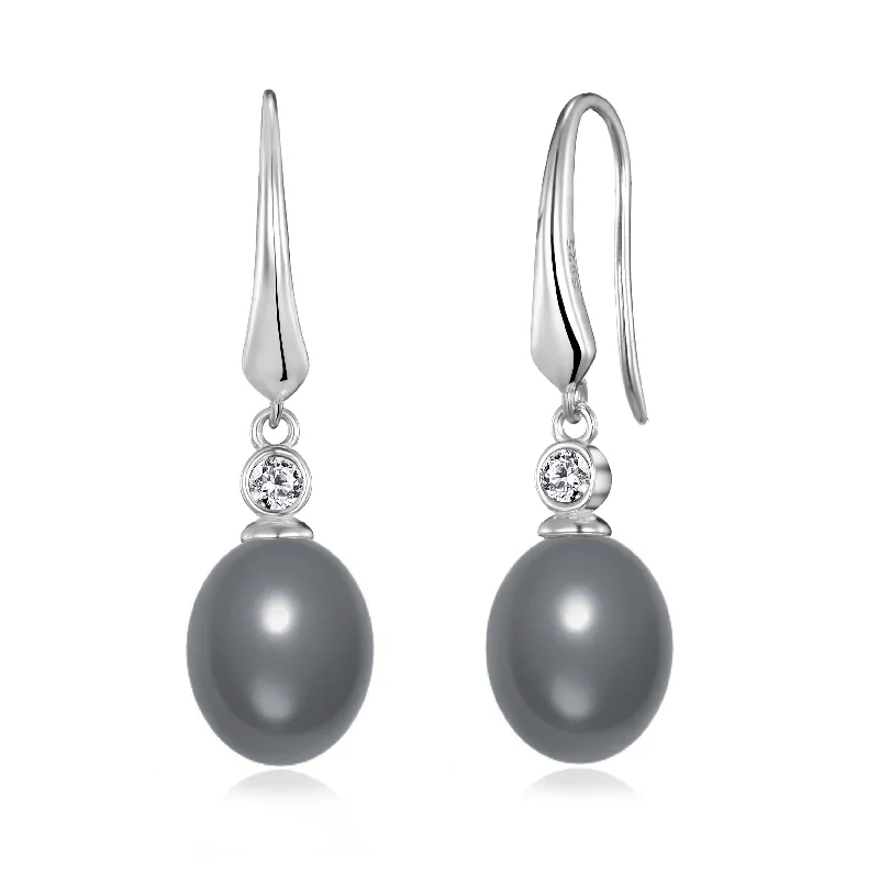 gold hoop earrings for women -Sterling Silver Grey Pearl Drop Earrings Created with Zircondia® Crystals