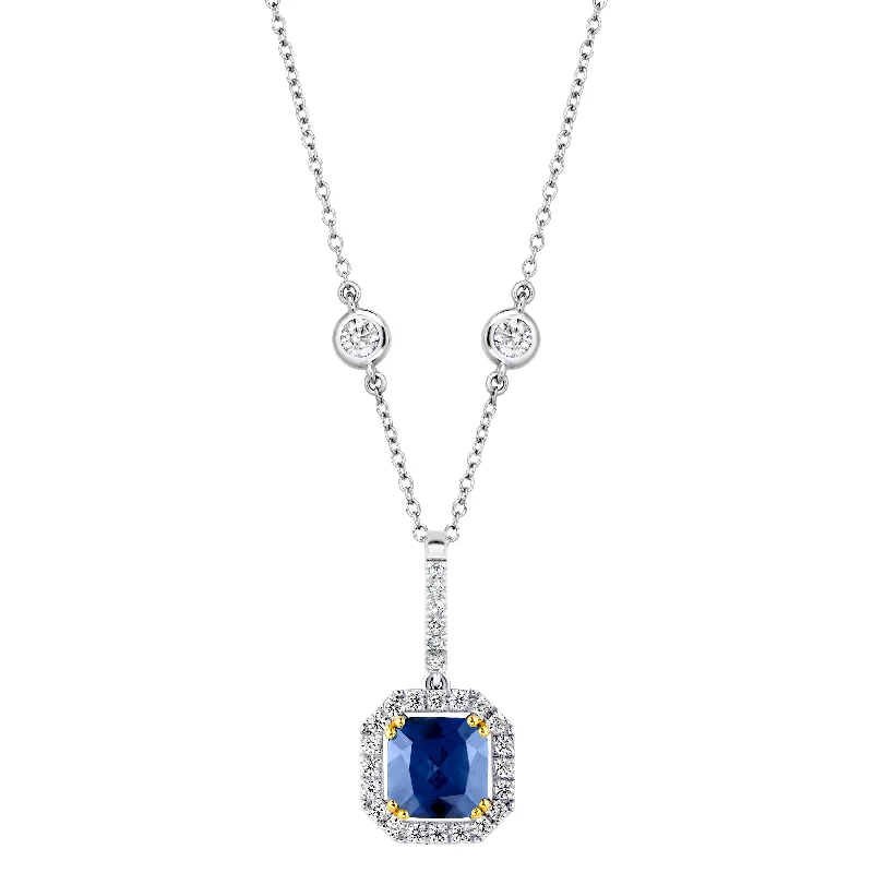 elegant pearl necklaces for brides -Sterling Lab Created Sapphire Cushion Cut Pendant on 18" Regal Short Floating Chain (Pendant & Chain Sold Together. Pendant is Removable from Chain).