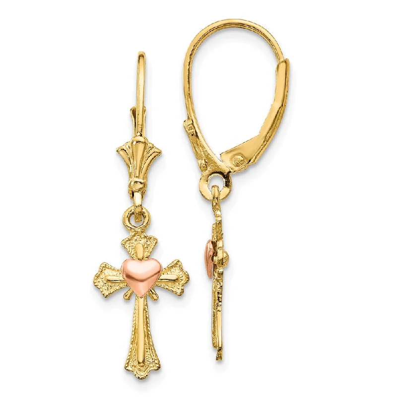 vintage gold earrings for women -14mm Heart on Cross Lever Back Earrings in 14k Yellow and Rose Gold