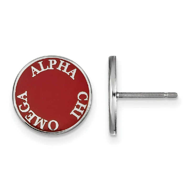 trendy statement earrings for women -Sterling Silver Alpha Chi Omega Enamel Disc Post Earrings