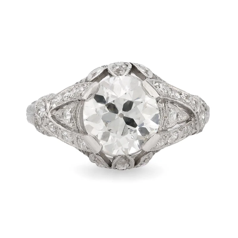 elegant engagement rings -Art Deco GIA 1.67 carat circular brilliant cut diamond platinum filigree ring