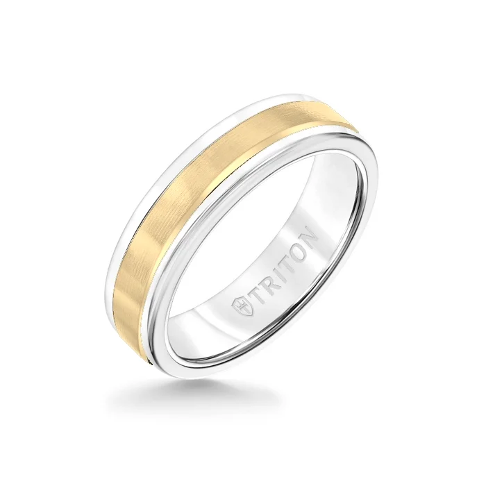 luxury promise rings -6MM White Tungsten Carbide Ring - Linear 14K Yellow Gold Insert with Round Edge