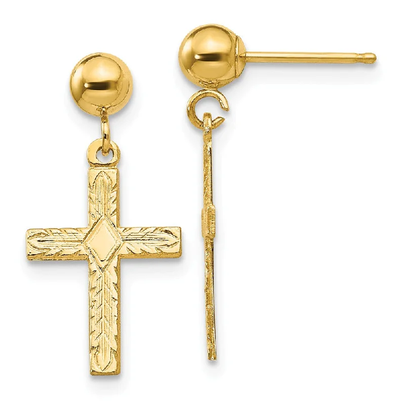 pearl drop earrings for women -13mm Textured Cross Dangle Post Earrings in 14k Yellow Gold