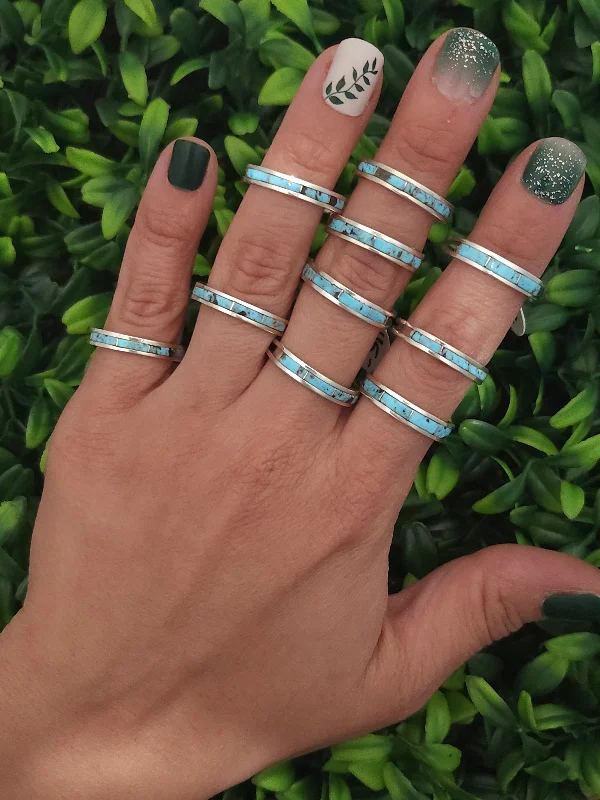 thin wedding bands for women -Stamped Sterling Silver Turquoise Inlay Stacker Rings