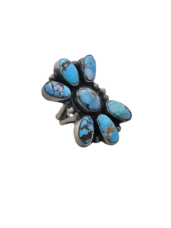 statement diamond rings -Stamped Sterling Silver Golden Hills Turquoise Cluster Adjustable Ring