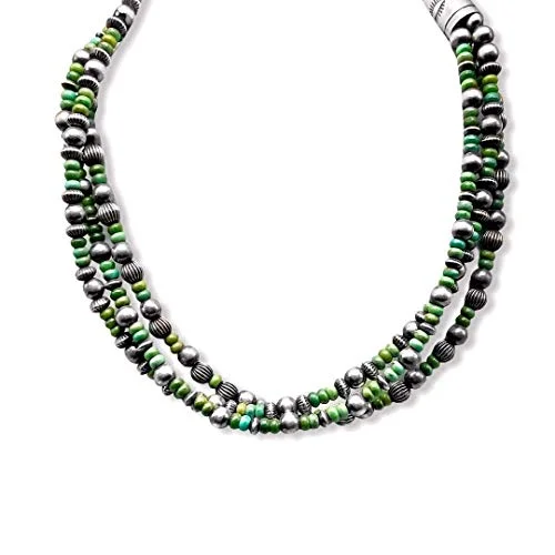 diamond necklaces for women -18-22 inch, 3 Strand, Genuine Navajo Pearl Necklace with Green Turquoise, Sterling Silver, Authentic Navajo Native American USA Handmade in New Mexico