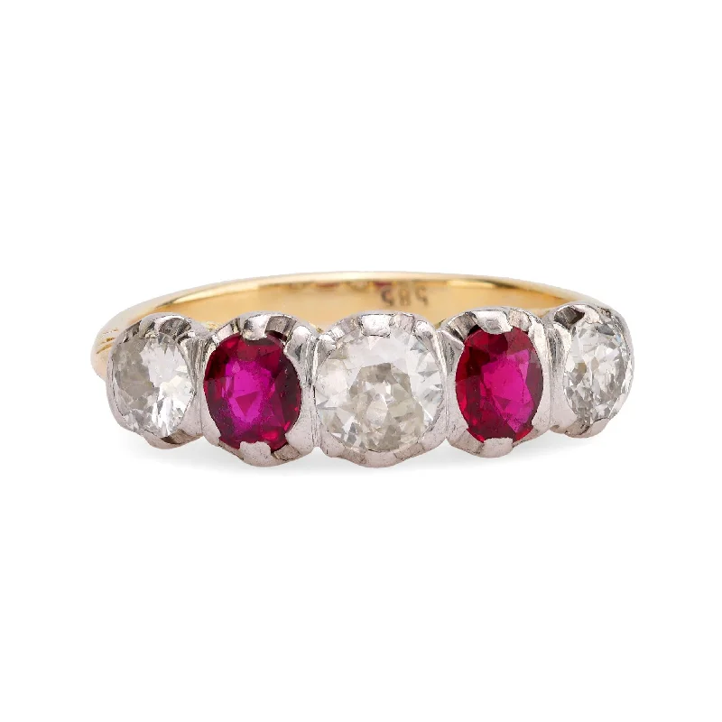 men’s style rings for women -Gorgeous Victorian diamond ruby 14k yellow and white gold five stone ring