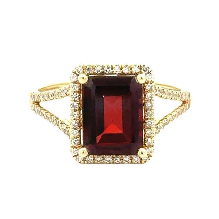 solitaire engagement rings -Mountz Collection Garnet Ring with Diamond Halo in 14K Yellow Gold