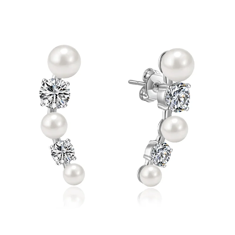 silver stud earrings for women -White Pearl Climber Earrings Created with Zircondia® Crystals