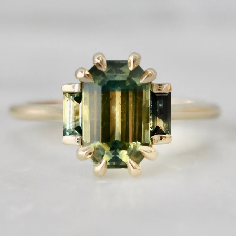 vintage wedding rings -Wild Child Green-Yellow Emerald Cut Sapphire Ring