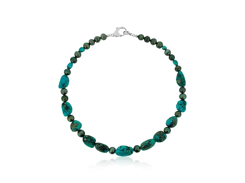 anniversary necklaces for women -Rare Morenci Turquoise & Tahitian Pearl Necklace