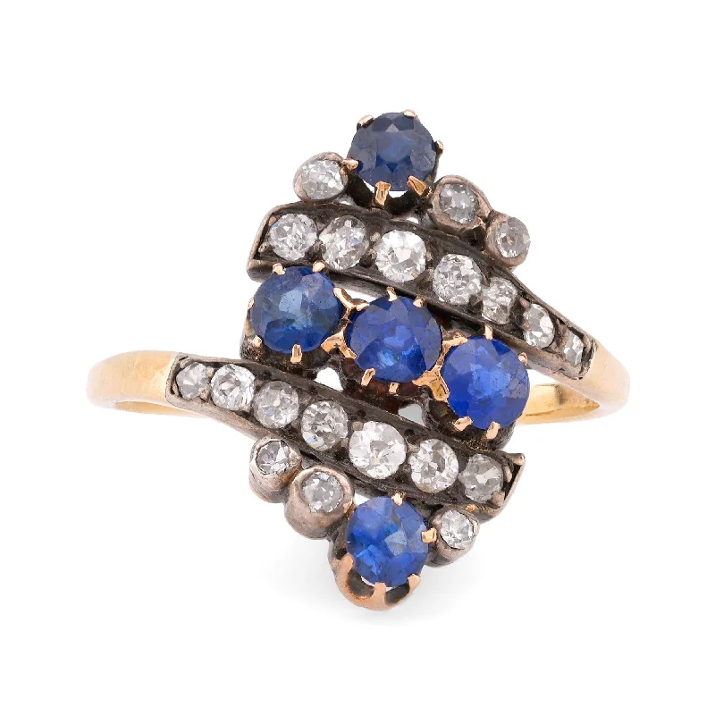 simple gold rings for women -Antique Sapphire Diamond 18K Yellow Gold and Silver Ring