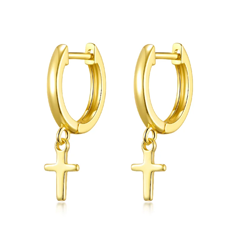 butterfly earrings for women -Gold Plated Cross Charm Hoop Earrings