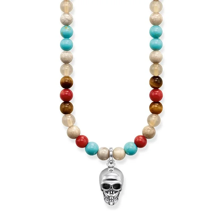 bold necklaces for women -Thomas Sabo Silver Skull Necklace with Multicolored Beads KE1638-883-7