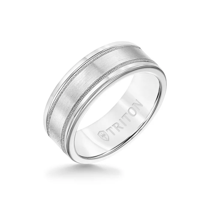 vintage wedding rings -8MM White Tungsten Carbide Ring - Flat Milgrain 14K White Gold Insert with Round Edge