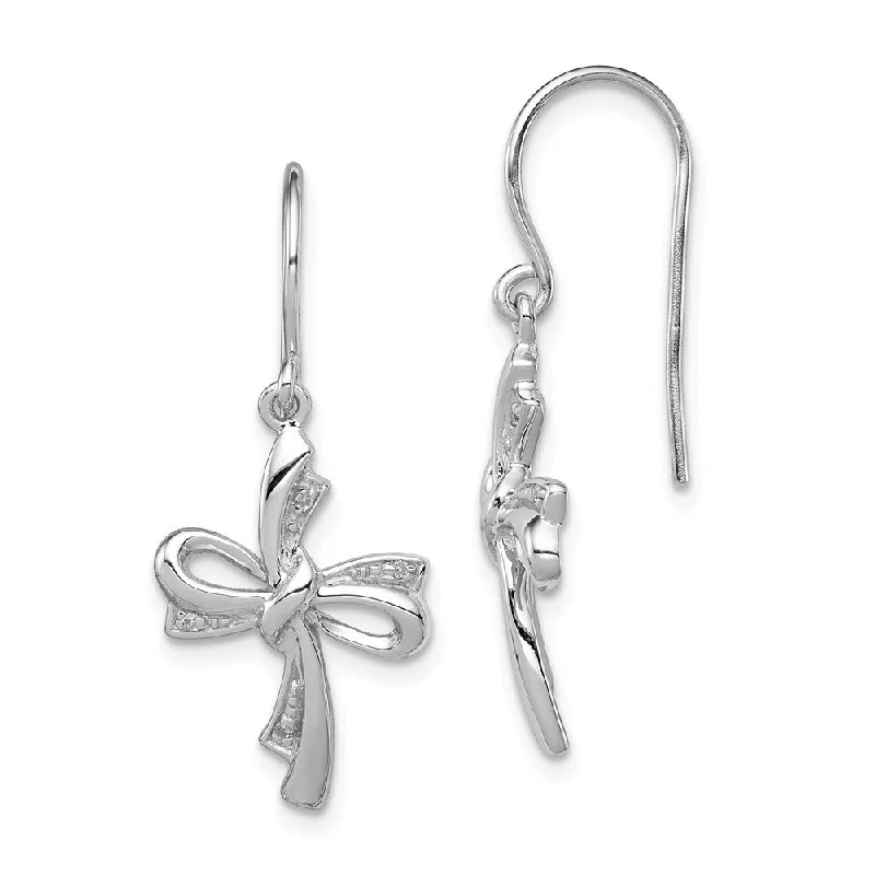 rhinestone earrings for women -Diamond Ribbon Cross Dangle Earrings in Sterling Silver