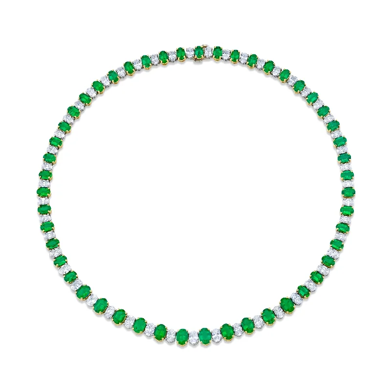 personalized gold necklaces for women -Alternating Oval Diamonds and Green Emeralds Necklace