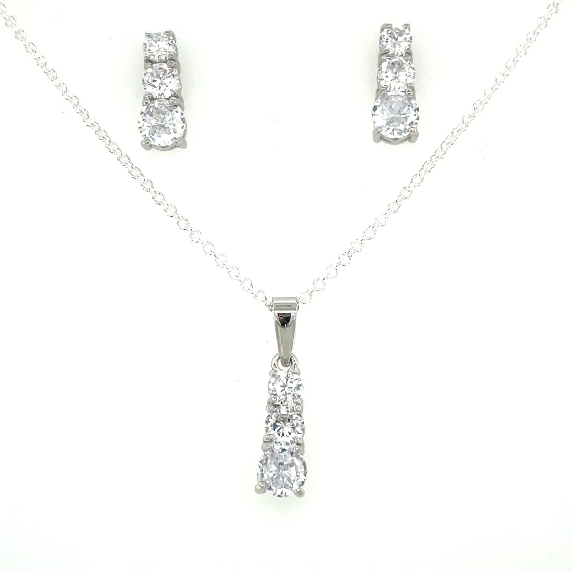 fine jewelry necklaces for women -Sterling Silver Cz Graduated Drop Earring & Necklace Set