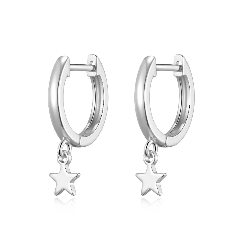 flower earrings for women -Silver Plated Star Charm Hoop Earrings